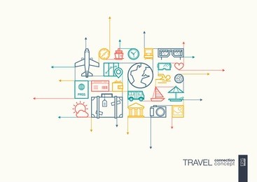 travel integrated thin line symbols. motion arrows vector concept, with connected flat design icons. abstract background illustration for tourism, holiday, trip, summer, vacation concepts. 