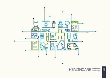 healthcare integrated thin line symbols. modern linear style vector concept, with connected flat design icons. abstract illustration for medical, health, care, medicine, network and global concepts.
