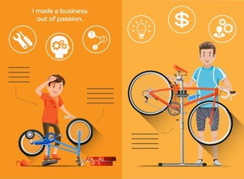 the build their own business from childhood in flat graphic style. people who are passionate bike to build bicycle shop.
