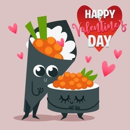 postcard valentine's day. illustration with funny characters. love and hearts. japanese traditional cuisine illustration. 