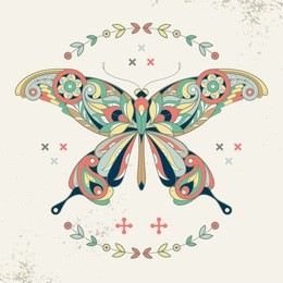 decorative vector illustration. ornamental butterfly and wreath. for create posters, stickers, printing on t-shirts. the motives of turkish cucumber. vintage.