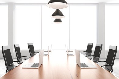 modern conference room with furniture, laptops and big windows 3d render
