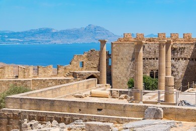 view of acropolis in lindos and vliha bay. rhodes island, dodecanese, greece
