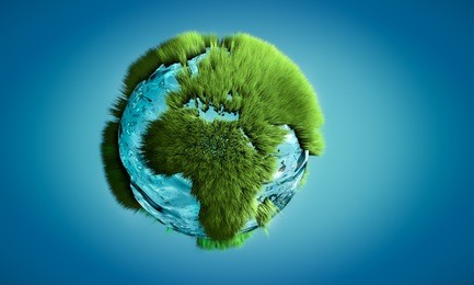 3d image of earth globe made of water and grass growing on outlines on continents. concept of nature and environment.