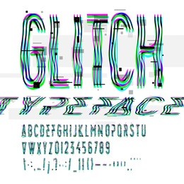 typographic glitch font with digital image data distortion, digital decay, vector illustration.