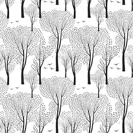  nature seamless pattern. forest tiled background. trees and birds wildlife vector illustration.  floral black and white wallpaper