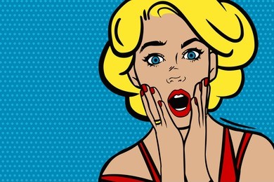 pop art surprised blonde woman face with open mouth with red