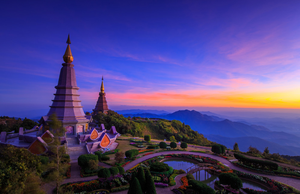 landscape of two big pagoda on the top of doi inthanon mountain, chiang mai thailand