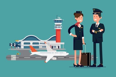vector character flat design on commercial civil pilot and flight attendant stewardess standing in front of airport with airliner plane on runway
