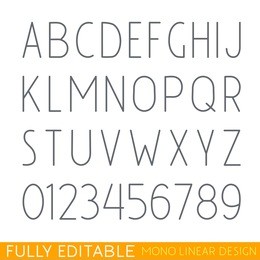 modern thin line font. fully editable curves. you can change the thickness.  mono linear letters and numeric. stroke vector alphabet concept. perfectly scalable. better for design of logo and emblem.