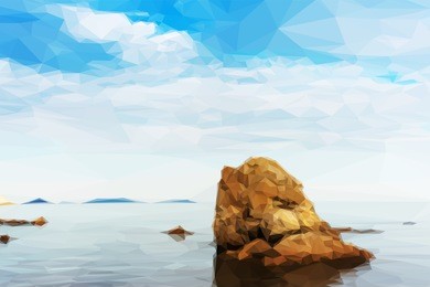 beautiful seascape with rocks and cloudy sky in low poly style. 
