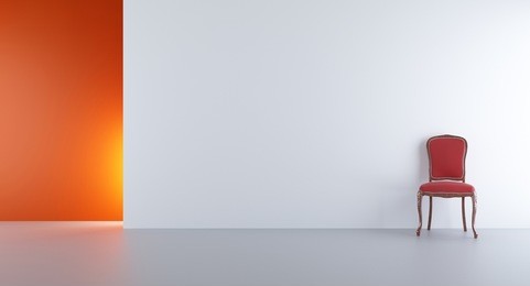 red baroque chair to face a blank white wall - the right of the view field