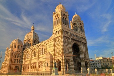 large building of the marseille cathedral under the evening light, france