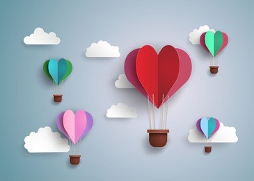 concept of love and valentine day, origami made hot air balloon in a heart shape . paper art and craft style.