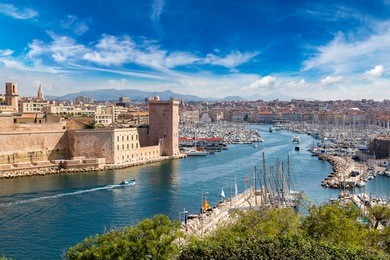 saint jean castle and cathedral de la major and the vieux port in marseille, france