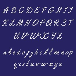 hand drawn calligraphic font white. thin italic vector on blue background. uppercase and lowercase letters.