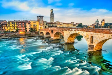 verona, italy. scenery with adige river and ponte di pietra.