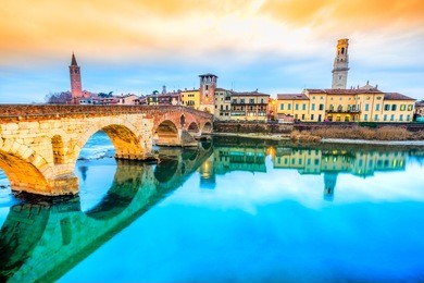 verona, italy. scenery with adige river and ponte di pietra.