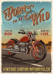 vintage motorcycle poster. motorcycle on the road with desert background, text and grunge texture.