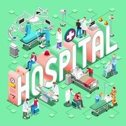 isometric hospital healthcare treatment infographic. doctor medical department concept 3d flat isometric people health care clinic nurse doctor hospital assistance medical vector medicine illustration