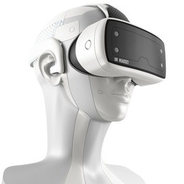 unusual virtual reality headset with integrated headphones on a white robot. 3d concept isolated on white background. three-quarter view.