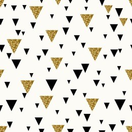 abstract seamless repeating pattern with triangles in gold glitter and black on cream background.