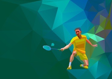 polygonal geometric professional badminton player on colorful low poly background doing smash shot with space for flyer, poster, web, leaflet, magazine. vector illustration