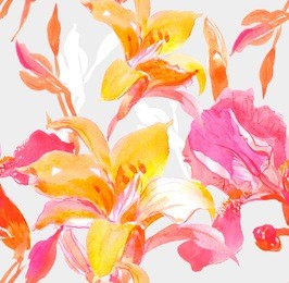 seamless pattern watercolor hand drawn illustration lilacs and iris on grey background