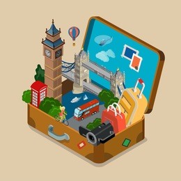 suitcase full of sights landmarks showplace flat 3d isometric isometry vacation travel tourism concept vector web site illustration. creative travel collection.