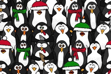 funny black penguins - winter vector illustration. cartoon hand drawn design. endless. 