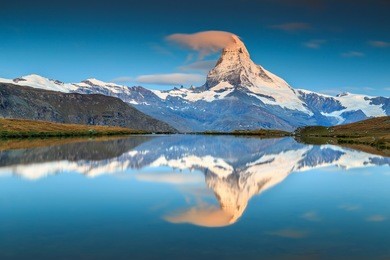 stunning sunrise panorama with matterhorn and beautiful alpine lake,stellisee,valais region,switzerland,europe