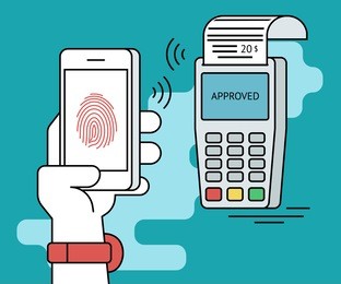mobile payment via smartphone using fingerprint identification. flat line contour illustration of payment via smartphone app