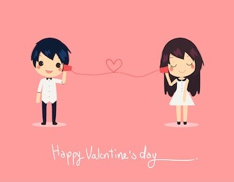 card of cute couple call on paper phone. they wear couple's dress and shirt with tex happy valentine's day.