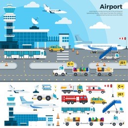 airport vector flat illustrations. modern airport exterior with different cargoes. working day on the airfield. airplanes, different planes, cars, buildings, tickets, luggage isolated on white 