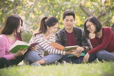 group of students sharing with the ideas on the campus lawn