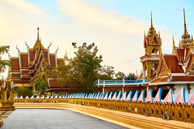 thailand temple. buddhist pagoda, part of complex wat phra yai ( wat plai laem ), big buddha temple at koh samui. scenic landmark.  oriental architecture. famous tourist attraction. travel, tourism. 