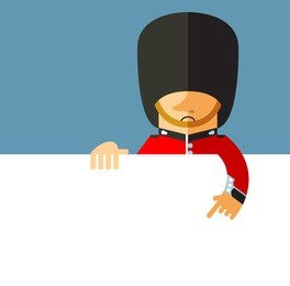 the queen's guard holding a blank sheet. flat style vector illustration on london background. national icon of britain. symbol of london. soldier in traditional uniform. red coated in bearskin hat.