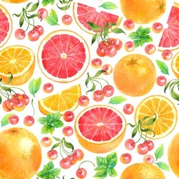 seamless watercolor pattern with orange, grapefruit, cherry and mint