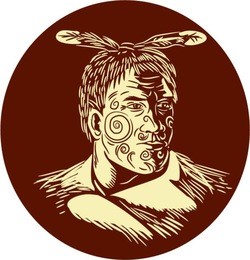 illustration of bust of maori chief warrior chieftain with tattoos on face and cape looking to the side viewed from the front set inside oval shape done in retro woodcut style. 