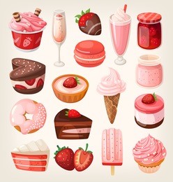 set of delicious sweets and desserts with strawberry flavor for valentine day