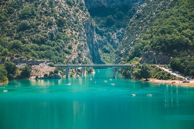 bridge over the lake of sainte-croix in south-eastern france. provence-alpes-cote d'azur. verdon gorge
