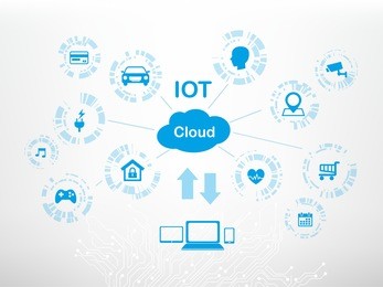 internet of things (iot) and cloud network concept for connected smart devices. spider web of network connections icons in white technology background.
