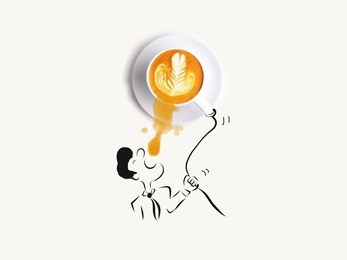 cup of coffee latte art  and office man drinking coffee drawing by pen on white paper background