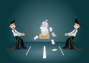 cartoon character, two businessmen poach pulling a rope project and money bag., vector eps10