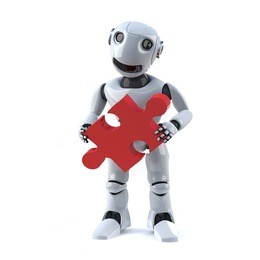 3d render of a robot holding a piece of jigsaw puzzle.