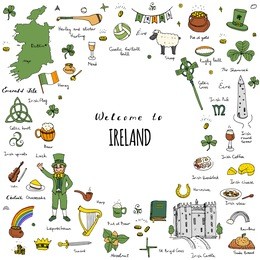 hand drawn doodle ireland set vector illustration sketchy irish traditional food icons republic of ireland elements flag map celtic cross knot castle leprechaun shamrock harp pot of gold travel icons