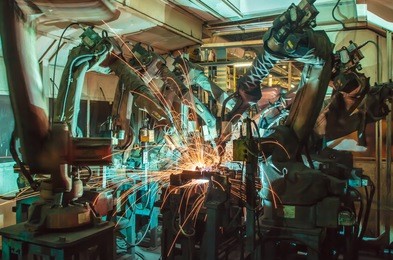 welding robots movement in a car factory