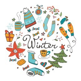 colorful hand drawn winter collection in round composition. illustration in vector format