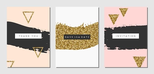 a set of three abstract brush stroke designs in black, white, pink and gold glitter texture. invitation, greeting card, poster design templates.