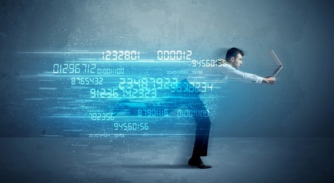 business man running with media device and high tech wireless data concept on background